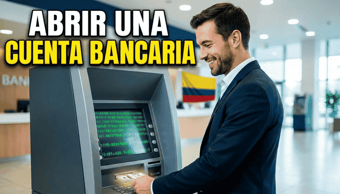Logo Bancolombia y representación gráfica de servicios bancarios internacionales